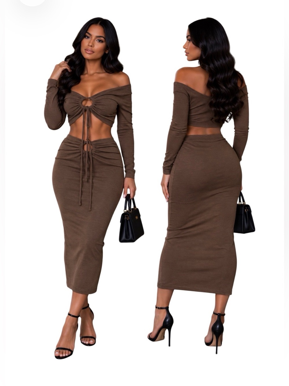 Salty 2 Pc Knit Off Shoulder Long Sleeve Crop Top Skirt Set Brown Size L